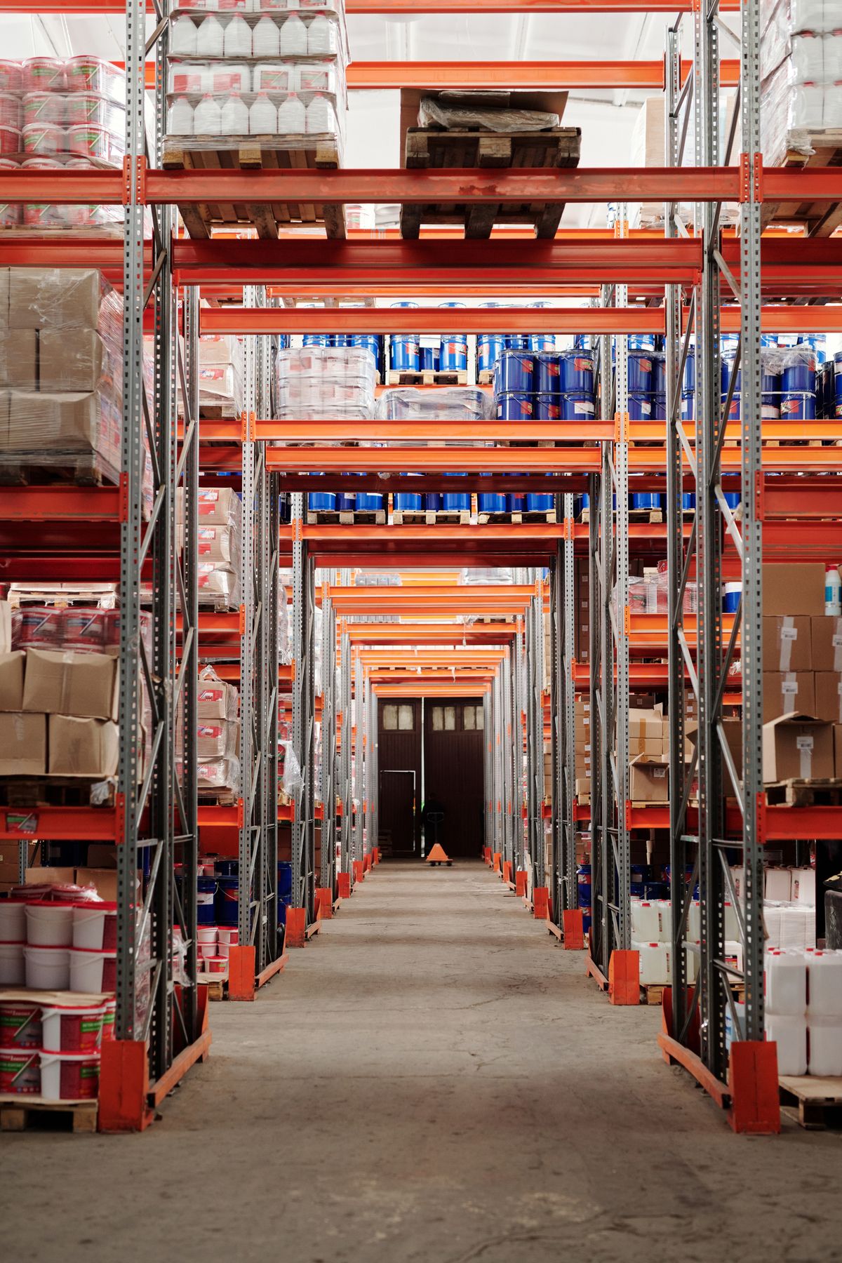 Goods arranged in a warehouse, illustrating business transport